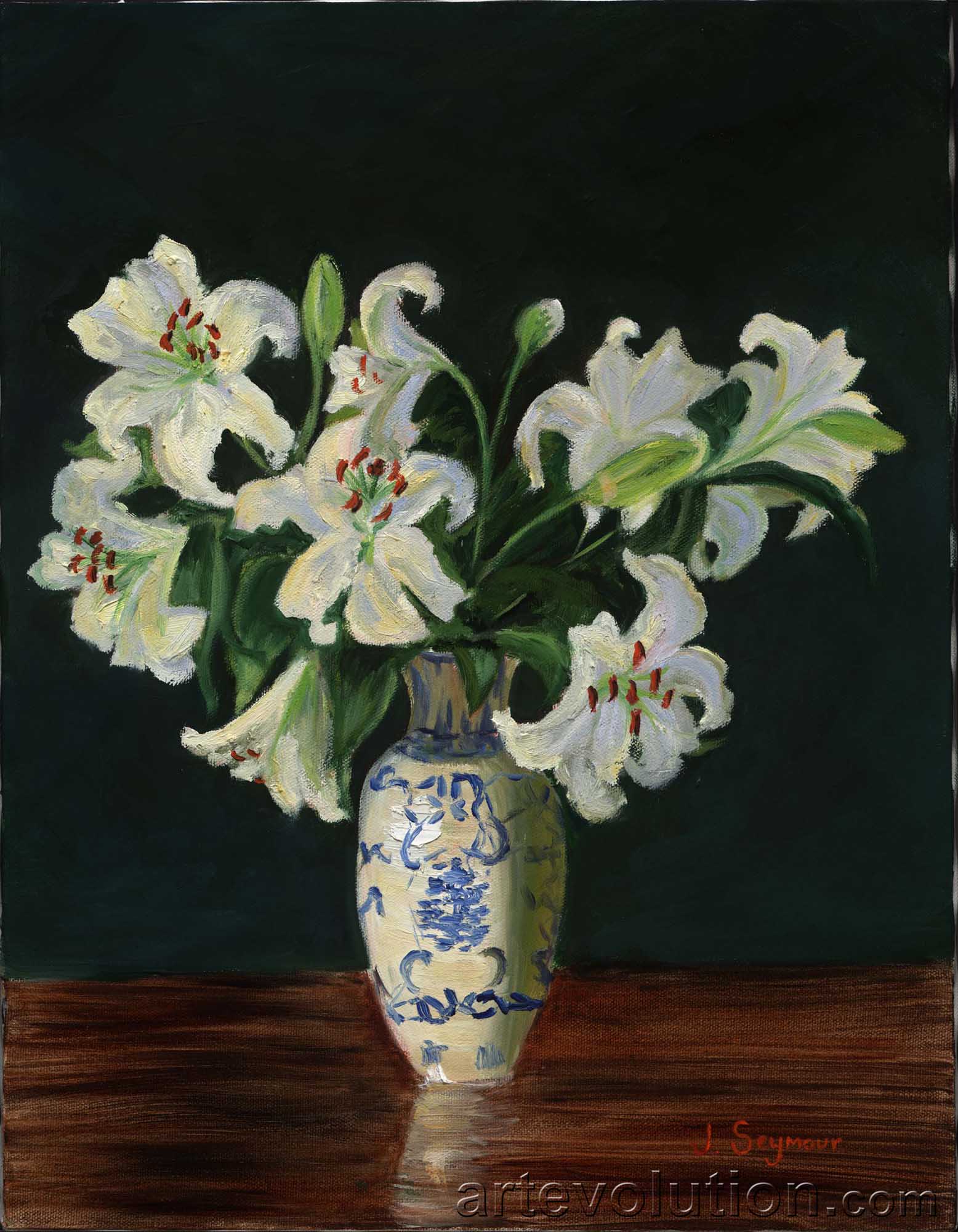 white lily oil chinese Lilies in Chinese Vase with Dark Background by Jane Seymour