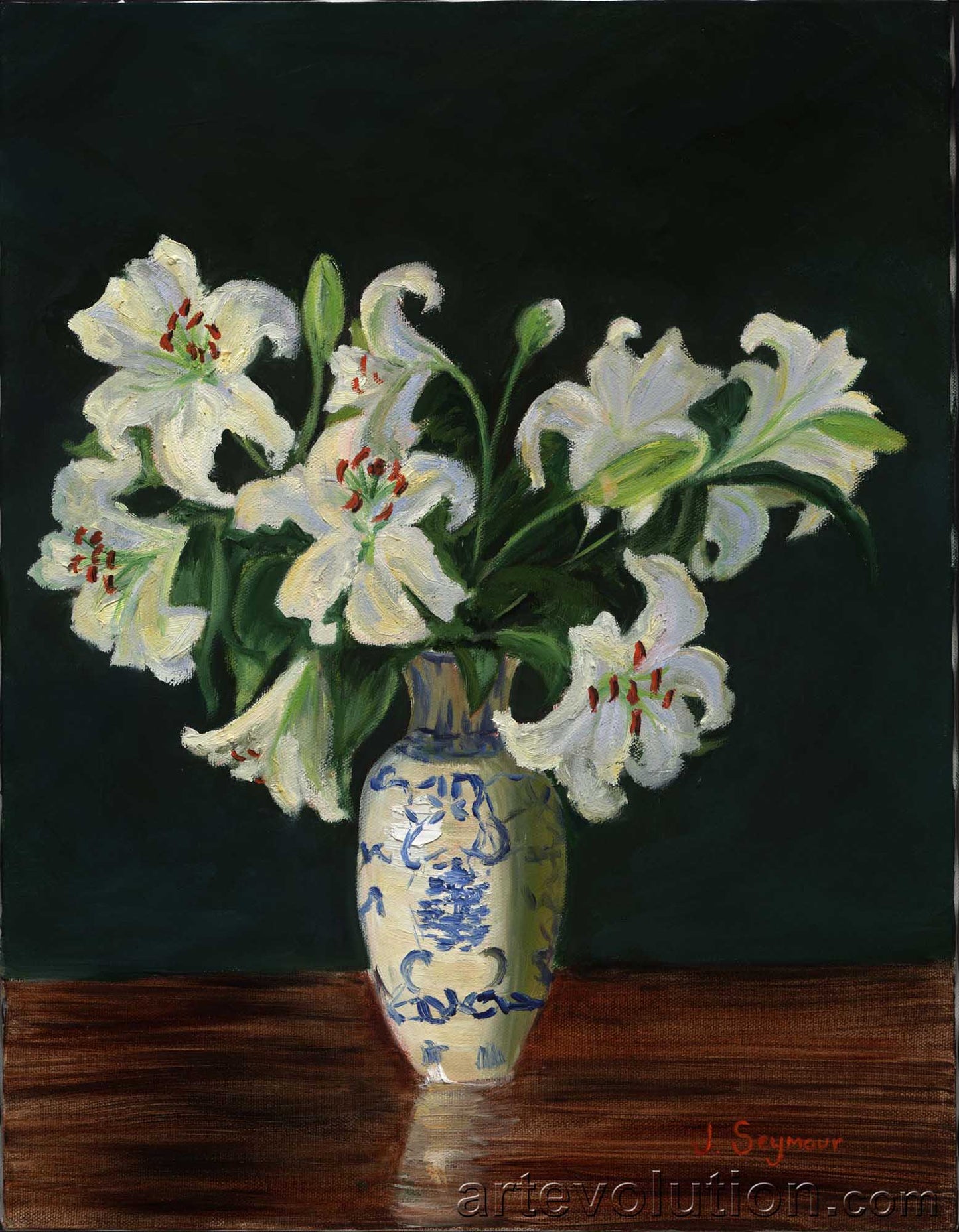 Lilies in Chinese Vase with Dark Background