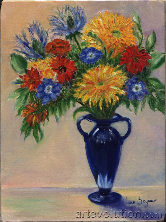 Multi-colored Bouquet in Cobalt Blue Vase III