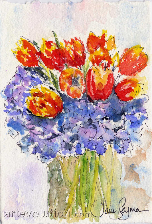 Red Tulips with Blue Bunch
